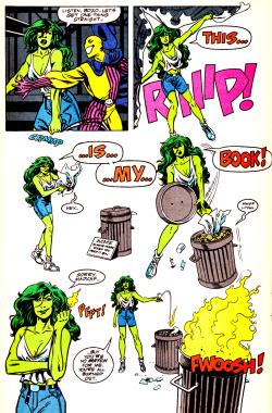 jthenr-comics-vault:  Sensational She-Hulk Vol. 2, #9 (December 1989)Art by Bryan Hitch &amp; Al MilgromWords by Richard Starkings &amp; Gregory Wright Everyone gives credit to Deadpool for being the one Marvel character whose self aware and breaks the