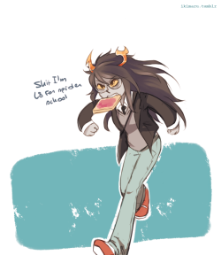   Anonymous: MY DEAR SIR, I HAVE A RELATIVELY UNIMPORTANT INQUIRY TO ASK OF YOU: can you draw Vriska with toast? I need it because of reasons.  I hope anime toast will do lmao 