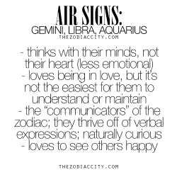 zodiaccity:  Zodiac Air Signs - Gemini, Libra &amp; Aquarius. For more zodiac fun facts, click here.  