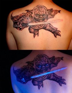 dorkly:  Glow-in-the-Dark Yoda Tattoo “Take off your shirt in front of others, you must not ever.”  I find your lack of faith in the darkside, disturbing. FUCK YODA AND THE JEDIS!
