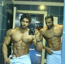 arabfitnessgods:  Happy 10K followers..   To show my gratitude here’s a photo of Emirati muscle gods Fahad and Nasser.  Perfect men — amazing rock hard abs, hot male physique and Arab power charisma. 😍  💯% Arab Prime Beef 👅🤔☑️ 💯%