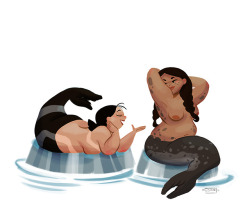 thesanityclause:  Some inuit mermaids chilling talking about girl stuff, like strangling a man in the water as he drowns. I don’t know if spotted seals and ribbon seals ever hang out but today they do. 