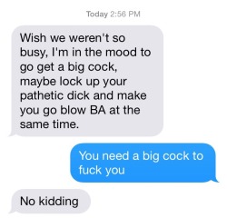 oregoncuckold:Text from my Wife.  The holidays can be difficult.  Oregoncuckold  Texts like this make me A. Damn glad to be a big dicked alpha, and B. Damn glad I run this blog. Â To be honest, I&rsquo;m not sure why some of these guys share this stuff