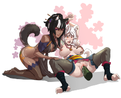 bnfworld:  d-rex-art:More work from the February Streamathon! This time it’s Lucciola’s Sayuri &amp; Shirayuri. D-rex keeps making the sexy arts happen! Here’s a 2 character commission for Lucciola of their OCs Sayuri and Shirayuri.   Interested