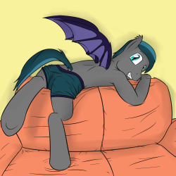 Lunar Solstice, the first bat pony to come try on a pair of trunks on the couch. Stream Request
