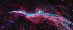 xeptum:  james—alexander:  gamma—crucis:  The Veil Nebula is a cloud of heated ionized gas and dust in the constellation Cygnus, and makes up the visible portion of the Cygnus Loop, a large but faint supernova remnant, which exploded 5,000-8,000