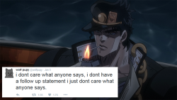 jojo-blue:  JJBA: Stardust Crusaders as described by wolf pupy tweets. I gotta say, of all the dumb pointless nonsense I’ve posted on the internet, this one was easily one of the most fun to make.  XD 