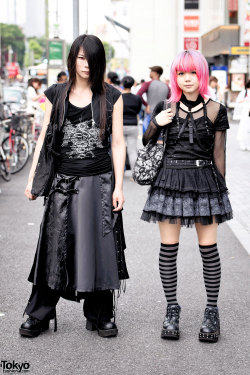 tokyo-fashion:  Kyouka and Kanai on the street in Harajuku wearing dark visual kei/goth-inspired looks featuring items from the Japanese brands h.NAOTO, h.NAOTO Anarchy, h.NAOTO Sixh, Yosuke, Algonquins, and MalkoMalka. Full Looks