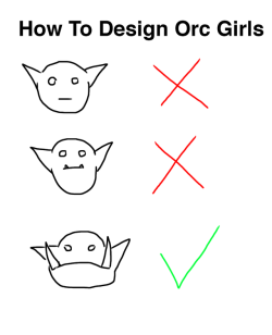 gaygothur:  vestaphthesassyorc:  gaygothur: A handy guide I made WRONG SIR! You gotta give your female orcs petite and fit boobies, make them look asian af.and then give them all SASSY powers.That is how female orcs are born. -Vestaph the Sassy Orc  What