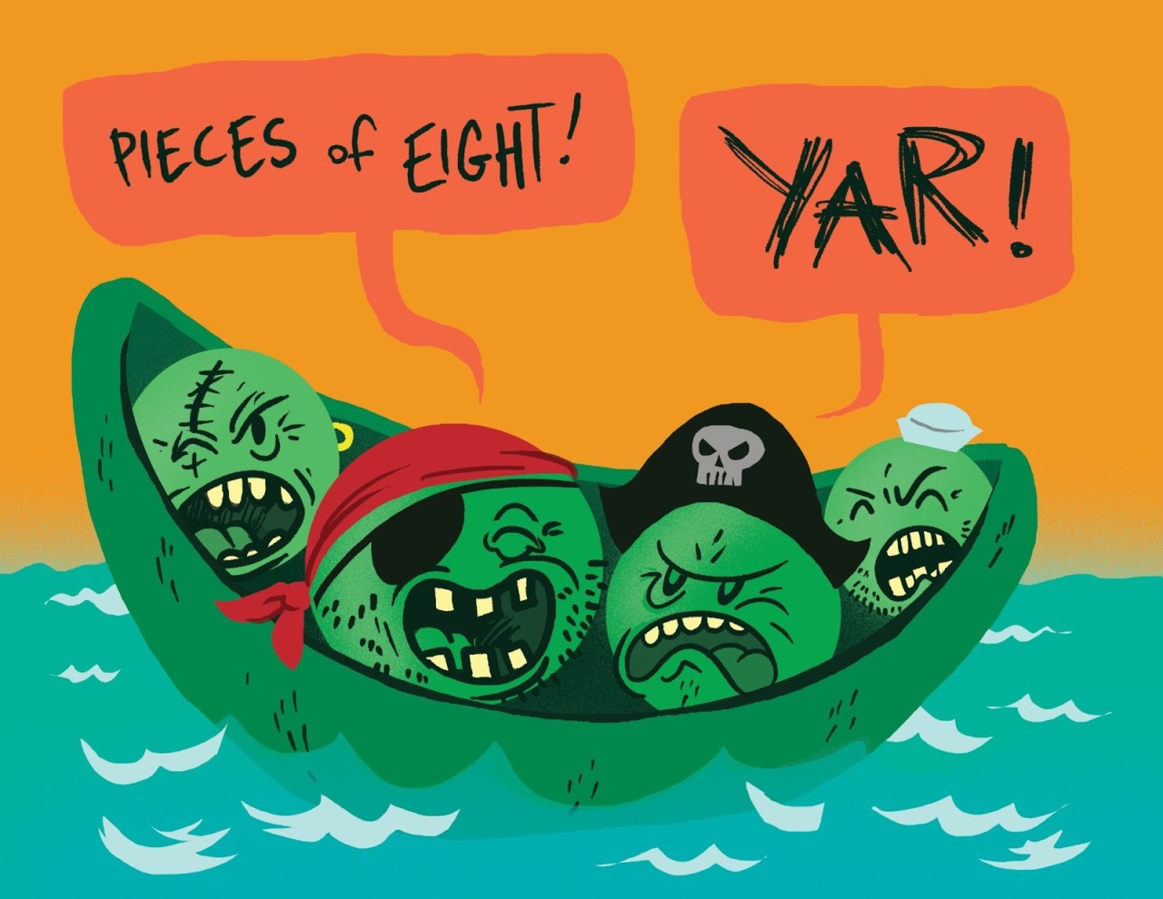 Pirate Peas in a Podillustration for the UCB Improv Manualby David Kantrowitz