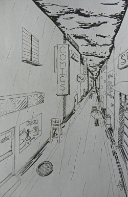 I drew this because someone suggested that I draw a city street on a stormy day. So what do ya think? and suggestions?