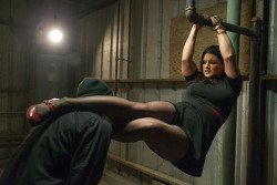 a12lmwbm:  Gina Carano, not approving of henchmen with beanies while color coordinating. 