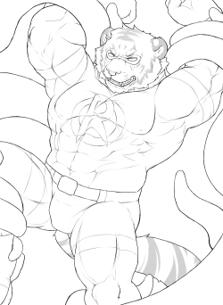 ralphthefeline:  So someone from Twitter wanted to see a buff tiger Ralph as a superhero, who is being attacked by tentacles owo this must be one of the weirdest ideas I have gotten from asking there XD well it has been a while since I drew buff tiger