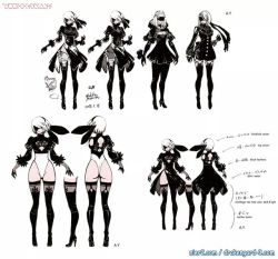 inspomilk: Character design concepts of 2B, 9S, A2, Pod 042 and Pascal from NieR:Automata Translation credit: @rekka-alexiel nier2.com dat booty was always planned ;9