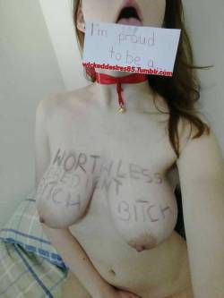 wickeddesires85:  And we have the first ever proudest cunt winner, @missobedientbitch. Properly degrading writing, decent punching bag sized tits, a nice touch with the collar, and above all, you can see how long she’s had that sign plastered to her
