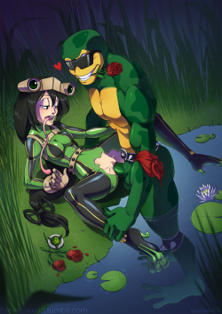 bebecakeart:  commission for @servantesnc​ of Tsuyu Asui and Rash! inspired by this cute image of the two; I suppose she took him up on that offer. ;) provided pose ref really enjoyed working on this, especially the materials!! &lt;33 commission