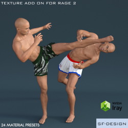 SFD has a great new  Texture Add On for Halcyone&rsquo;s Rage 2!  This product contains 24 new material presets (12 Iray and 12 3Delight materials) 	for the shorts of Halcyone&rsquo;s Rage 2 clothing product.  Ready for Daz Studi0 4.8  and your Genesis