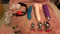 forced&ndash;fantasies:  Taking requests on snapchat (pleasefuckmee69) for ũ 😘.. these are all my toys thus far 😉