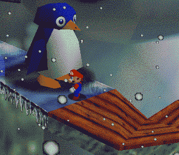 suppermariobroth: In Super Mario 64, it is possible to hang on to the side of the head of the penguin near the top of Snowman’s Land in the manner depicted. Just like hiding behind the penguin or standing on top of the penguin’s head, doing this also