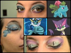 xn3rdc0r3x:  More pokemon inspired makeup by me :) Vaporeon, Purrloin, and Ivysaur  neat stuff!