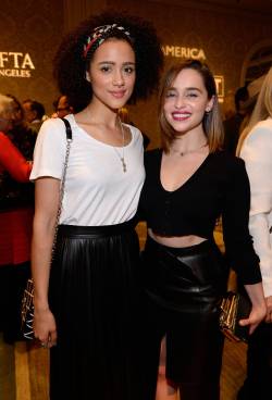 the-saga-c0ntinues:  The Khalessi &amp; Missandei reunited: Emilia Clarke &amp; Nathalie Emmanuel attend a BAFTA tea party…