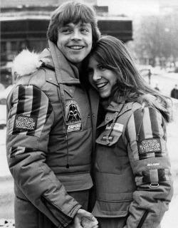 60s70sand80s:  Mark Hamill and Carrie Fisher on the set of The Empire Strikes Back (1980)