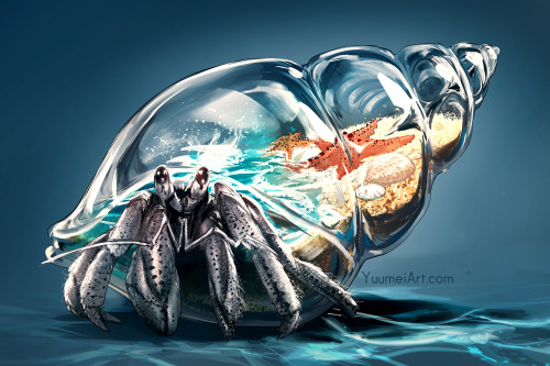 yuumei-art:  More from my glass animals series~Funny story, when I was looking up references for hermit crabs, I saw some photos of man-made transparent shells for these lil guys. What a surreal world we live in :D Art imitates life imitates art imitates