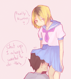 dinchies:   kuroo bought kenma a school sailor uniform so he could sit under his skirt. not even do anything naughty, just sit there. 