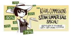 kindahornyart:  Well. The steam summer sale kinda caught me by surprise this year and there’s some stuff in my wishlist that I’ve been thinking of getting for a while now. So this is what I’m gonna do. I’m gonna open 6 slots for commissions. And