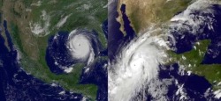bionicniall:  If you don’t know how catastrophic hurricane Patricia is, this is a comparison picture between hurricane Katrina (left) and hurricane Patricia (right) that is hitting Mexico right now, please keep the Mexican people in your good thoughts
