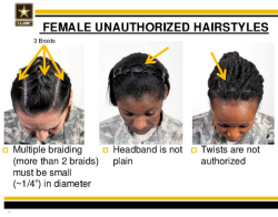 yagazieemezi:  Pentagon Revises Hair Rules For Female Soldiers According to USA Today, Dreadlocks, cornrows, twisted braids and other hairstyles popular among African-American women will be more accepted across the military after a review of hairstyle