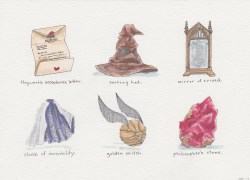 wintryweasleys:  √ Harry Potter Inspired Illustrations  A series of “artifacts” from the wizarding world (and extremely fun commission!). &ldquo;Harry Potter Artifacts; Books 1-7,&rdquo; ink and watercolor, 2013.  