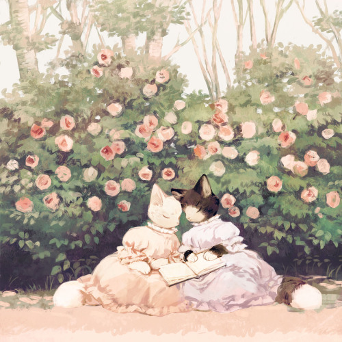 thefingerfuckingfemalefury:  brushedbug:[ID: an illustration of two anthropomorphic cats.  One of the cats is white, and the other is colorpoint. hey are sitting in front of rosebushes, and wearing frilly dresses with puff sleeves in pink and purple.
