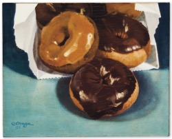 thunderstruck9:Ralph Goings (American, b. 1928), Bag of Donuts, 2001. Oil on panel, 15.2 x 18.8 cm.