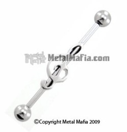  Metal Mafia SS Industrial Barbell with Treble Clef These industrial barbell are made of 316L ASTM F-138 Implant Grade Surgical Steel. They are 14ga, 1-1/4” and are designed for industrial piercings. Buy it here. 