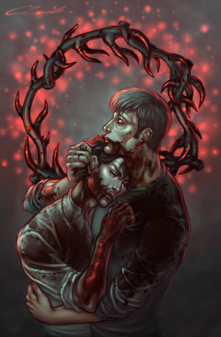 meiseki:  Hey~ Finally going to start posting art here for serious.  To start, here’s a tribute to the gorgeous Hannibal S3 finale. I wanted to do sort of a religious icon painting look using that pieta-like pose from Will and Hannibal’s last scene,