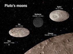 sixpenceee:  Pluto’s Five MoonsA NASA illustration of Pluto’s five moons. A report reveals that on one moon, the sun can rise in the east and set in the north. (Source)