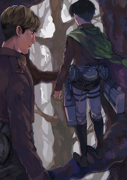 ipoophere:  something i did in january for an artbook but some stuff came up with the artbook so IM JUST GONNA POST IT I GUESS HMMM  Depending on how you look at this, it&rsquo;s either a serious moment or it&rsquo;s just Erwin admiring Levi&rsquo;s ass
