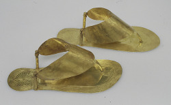 ancientpeoples:  Golden sandals From Upper Egypt, Thebes, Wadi Gabbanat el-Qurud, Wadi D, Tomb of the 3 Foreign Wives of Thutmose III.  New Kingdom, Dynasty 18, ca. 1479–1425 B.C.     These sandals were part of the funerary equipment belonging to one