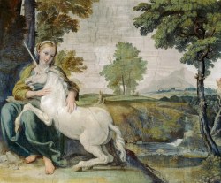 blondebrainpower:A Virgin with a Unicorn, c. 1604–05, fresco in Palazzo Farnese, Rome,  painted by  Domenichino     after a design by Annibale Carracci  
