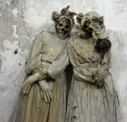 Two of the mummies along the walls of the Capuchin Catacombs.