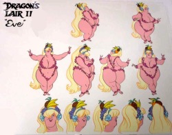 beautilation:  Concept art for Eve, a character from the multi-level 80’s arcade game, Dragon’s Lair II: Time Warp. In her level, the first player (as Dirk the Daring) must find his way out of the Garden of Eden while ducking a serpent and warding