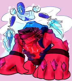 jen-iii:  Gem corrupted Ruby and Sapphire?? Garnet??I wanted to convey that even while they’re corrupted, Ruby and Sapphire work for eachothers benefit, though now it seems a little bit more parasitic. Ruby’s gem corruption renders her blind and she’s