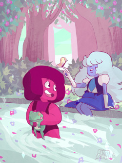Im posting my submission for @rupphirebomb day 1: Seasons a day early because I have class on the same day it starts and idk if I can post something on time orzbut here it is! Some tiny gay space rocks enjoying Spring! There’s love in the air~