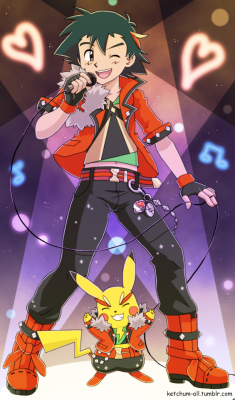 ketchum-all:A drawing I did. I love the male contest outfit from the ORAS game, so I figured Ash could pull off that 80′s rock star look, too.