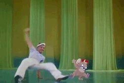 twostriptechnicolor:  Loops from Gene Kelly’s dance with Jerry Mouse in Anchors Aweigh, 1945. To make the scene, Gene’s dance was rotoscoped (ie. traced frame by frame), and then Jerry was animated around it at a full 24 frames per second (or “on