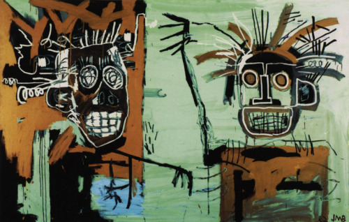 artist-basquiat:Two heads on Gold, 1982, Jean-Michel BasquiatMedium: acrylic,crayon,canvas
