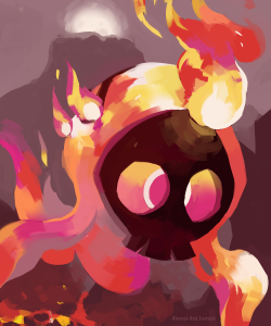 rinnai-rai:  Alolan Duskull - Fire/Ghost Duskull flocked to the more volcanic areas of Alola to get away from the bright cities, and began adapting to the large amounts of smoke and lava. Instead of the cooler temperatures observed in most ghost type