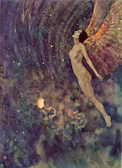 fletchingarrows:  zombienormal:  The Angel israfel, by Edmond Dulac, from The Poems of Edgar Allan Poe, 1912. Via.  edmund dulac, killing it as usual 