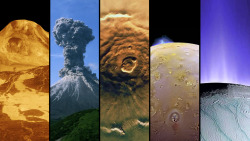 just&ndash;space:  Volcanoes on Five Worlds - Venus Maat Mons, Earths Karymsky, Mars Olympus Mons, Io, and Enceladus  js 